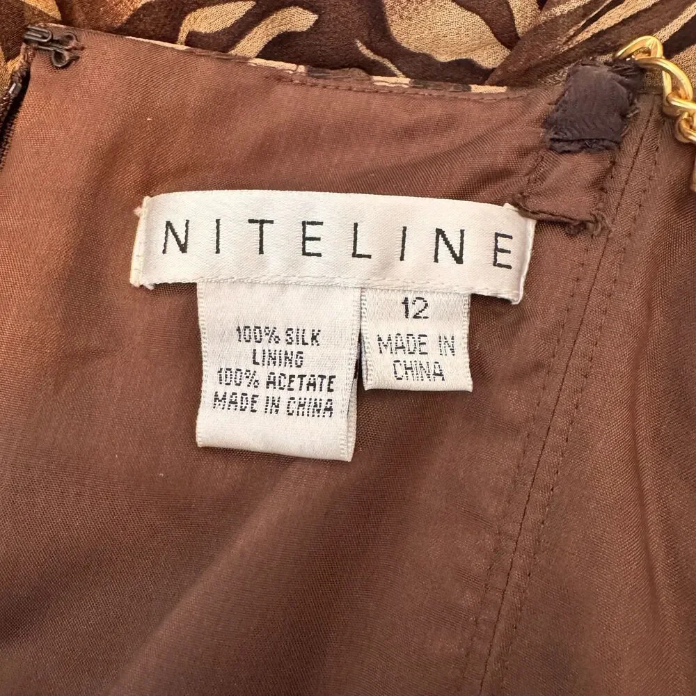 Niteline Brown & Tan Zebra Print Ruched Midi Dress Gold Chain Straps Size 12